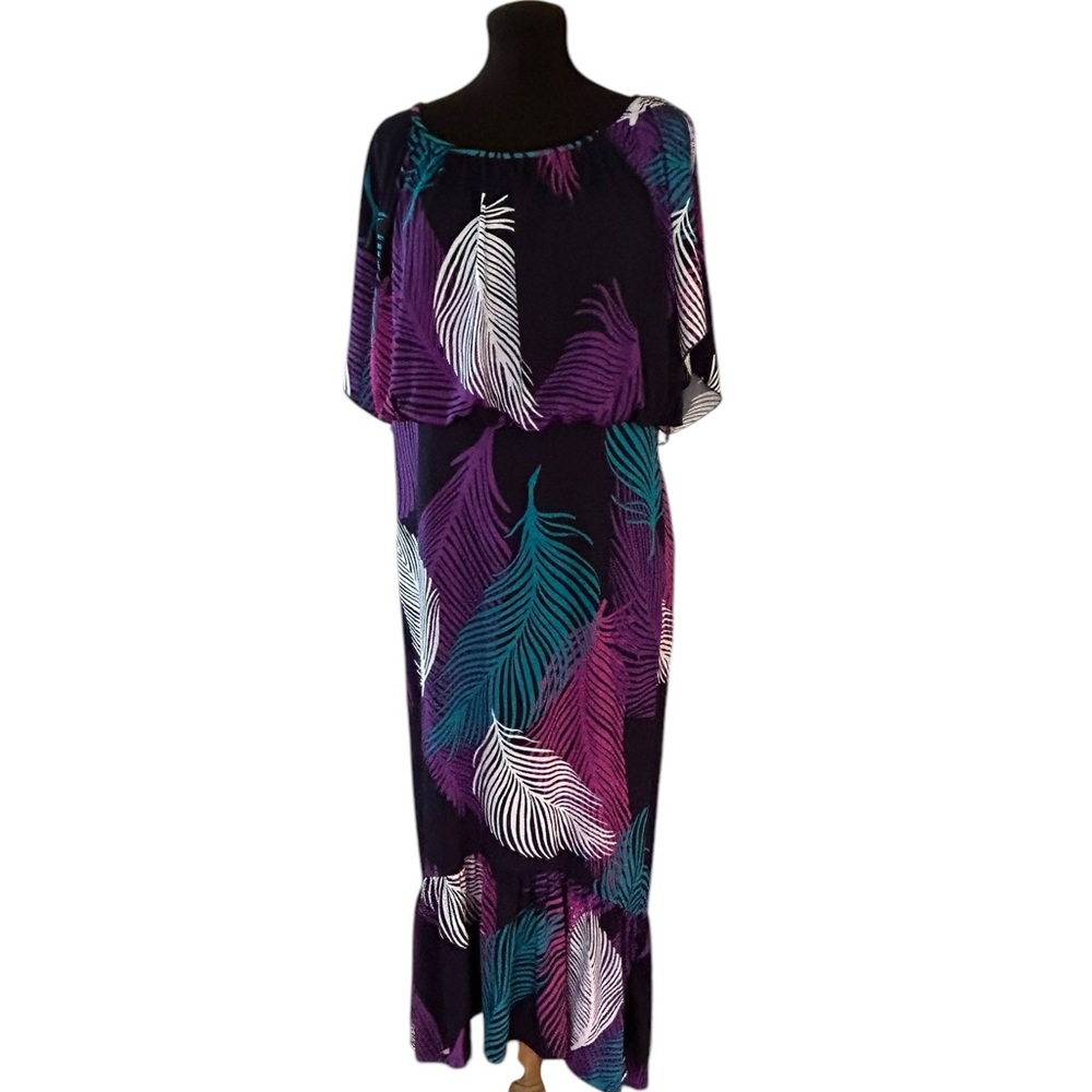 DressBarn Maxi Dress Size 16 Women's Sleeveless Purple Multi Feathers Read List